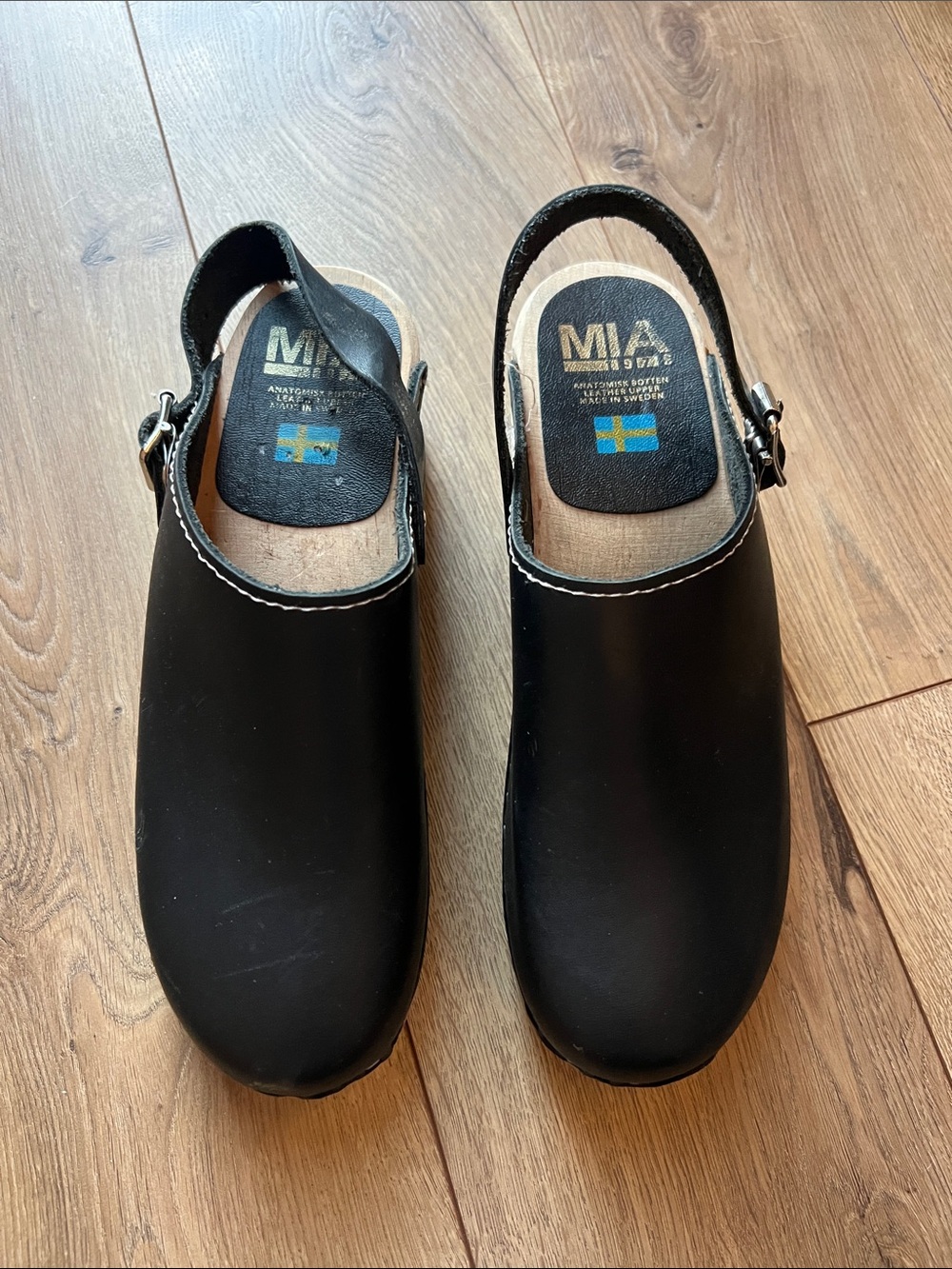 MIA Swedish Black Leather Wooden Slingback Clogs Adjustable Strap Scandinavian